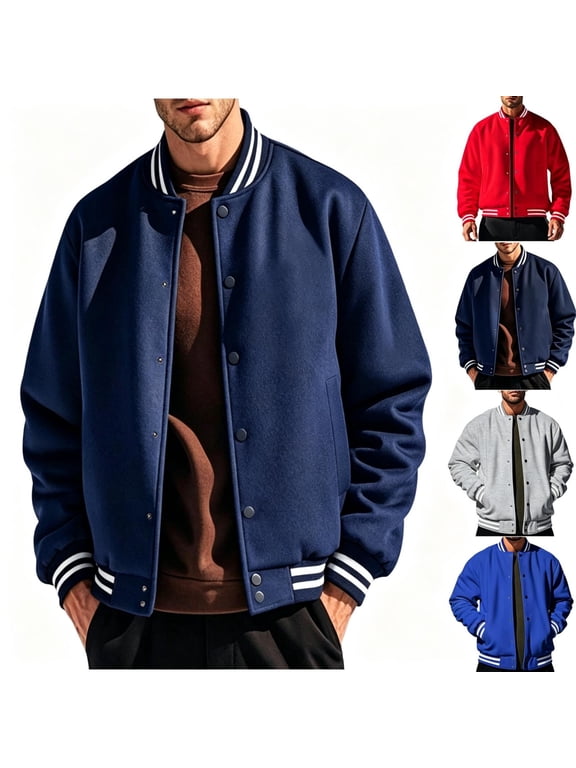Mens Snap Button Varsity Jacket Long Sleeve Regular Fit Thick Casual Baseball Jacket Navy L