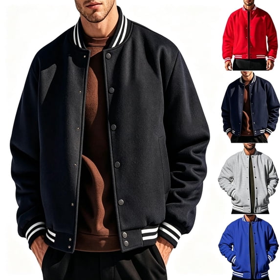 TKKCS Mens Snap Button Varsity Jacket Regular Fit Thick Casual Long Sleeve Baseball Jacket Black XL