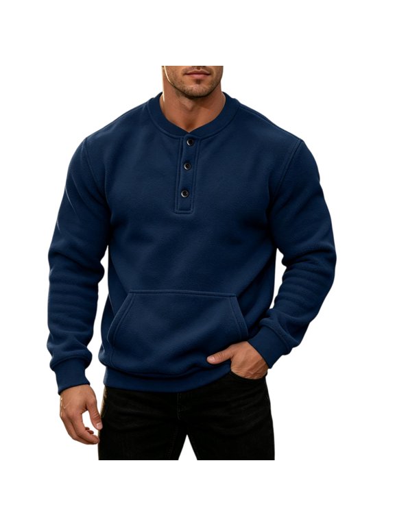 Mens Soft Fleece Henley Sweatshirt Long Sleeve Button Placket Warm Casual Pullover Tops with Kangaroo Pocket Navy L