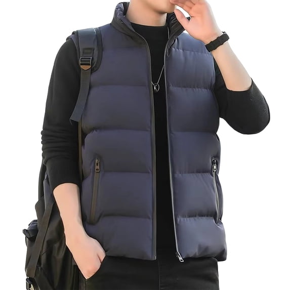 TKKCS Mens Stand Collar Puffer Vest Jacket- Sleeveless Quilted Winter Warm Full Zip Padded Waistcoat with Zipper Pockets Blue Size 2XL