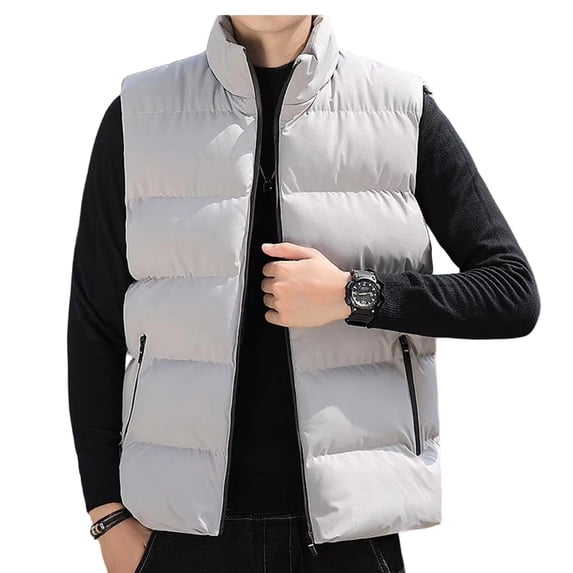 TKKCS Mens Stand Collar Puffer Vest Jacket- Sleeveless Winter Warm Full Zip Quilted Padded Waistcoat with Zipper Pockets Gray Size L