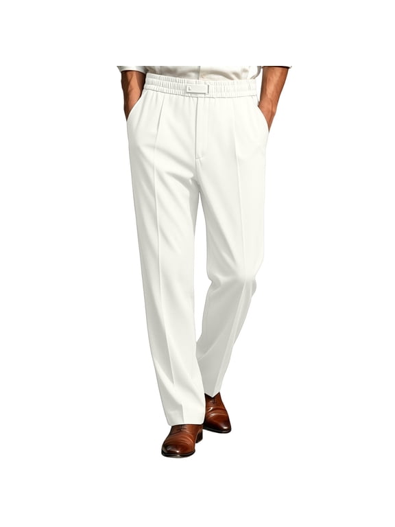 Mens Straight Leg Dress Pants Wrinkle Resistant Casual Business Elastic Waist Loose Fit Stretch Slacks White 3XL