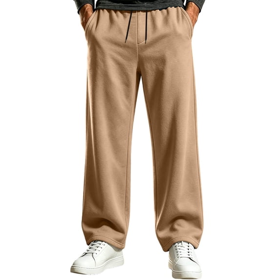 TKKCS Mens Straight Leg Sweatpants- Elastic Drawstring Waist Activewear Loose Fit Open Bottom Joggers with Pockets Khaki Size XL