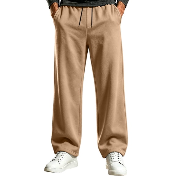 TKKCS Mens Straight Leg Sweatpants- Elastic Drawstring Waist Activewear Loose Fit Open Bottom Joggers with Pockets Khaki Size XL