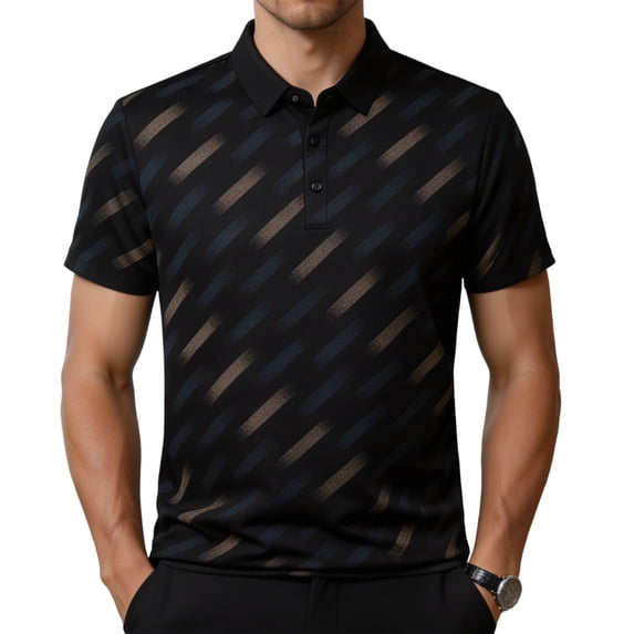 TKKCS Mens Striped Print Polo Shirt- Casual Business Moisture-Wicking Lightweight Breathable Short Sleeve Polos Black Size 3XL