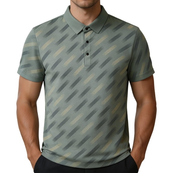 TKKCS Mens Striped Print Polo Shirt- Lightweight Moisture-Wicking Breathable Casual Business Short Sleeve Polos Green Size XL
