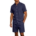 thumbnail image 1 of TKKCS Mens Summer 2 Piece Outfits- Breathable Lounge Wear Lightweight Stand Collar Button Down Short Sleeve Shirt and Drawstring Shorts Beach Sets Navy Size XL, 1 of 8