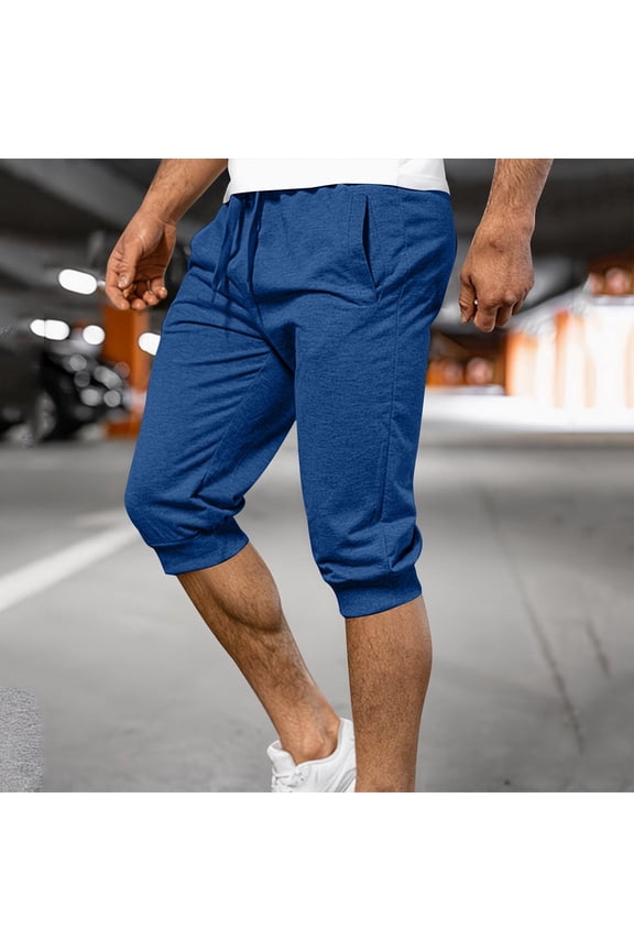 Mens Sweat Shorts Capris - Drawstring Breathable Slim Fit Stretchable Elastic Waist Gym Running Shorts Blue Size L