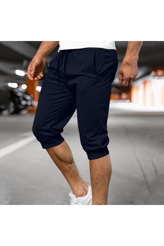 Mens Sweat Shorts Capris - Drawstring Stretchable Breathable Elastic Waist Slim Fit Gym Running Shorts Navy Size S