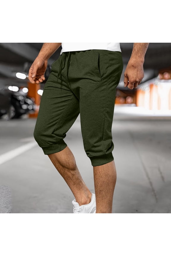 Mens Sweat Shorts Capris - Elastic Waist Breathable Slim Fit Stretchable Drawstring Gym Running Shorts Green Size M