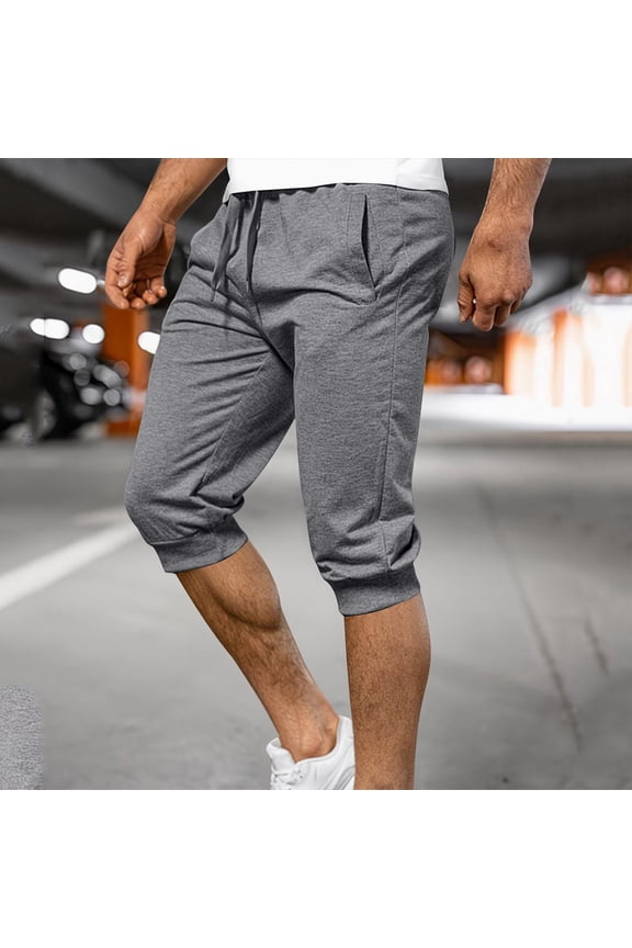 Mens Sweat Shorts Capris - Slim Fit Drawstring Stretchable Elastic Waist Breathable Gym Running Shorts Gray Size S