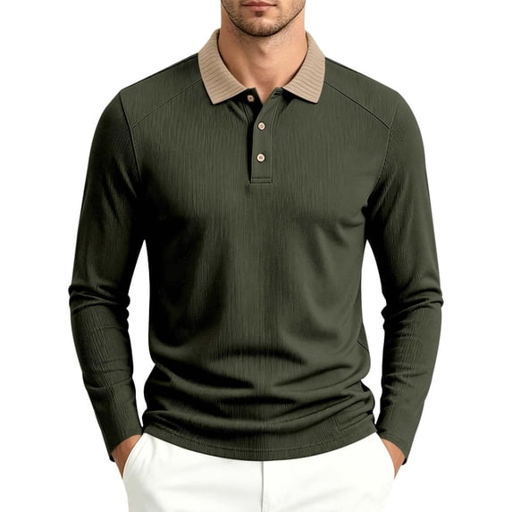 TKKCS Mens Textured Long Sleeve Polo Shirts- Daily Wear Stretch Regular Fit Contrast Collar Midweight Business Casual Polo Army Green Size XL