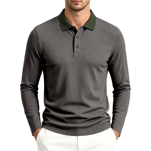 TKKCS Mens Textured Long Sleeve Polo Shirts- Regular Fit Daily Wear Stretch Contrast Collar Midweight Business Casual Polo Gray Size XL