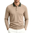 thumbnail image 1 of TKKCS Mens Textured Long Sleeve Polo Shirts- Daily Wear Regular Fit Stretch Midweight Contrast Collar Business Casual Polo Khaki Size 3XL, 1 of 10