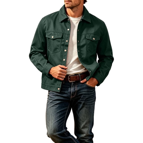 TKKCS Mens Trucker Jacket Casual Regular Fit Button Down Long Sleeve Outerwear Jackets with Multi Pockets Green M