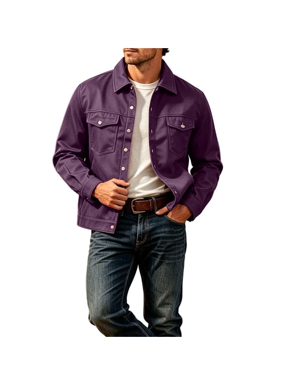 Mens Trucker Jacket Long Sleeve Button Down Regular Fit Casual Outerwear Jackets with Multi Pockets Purple L