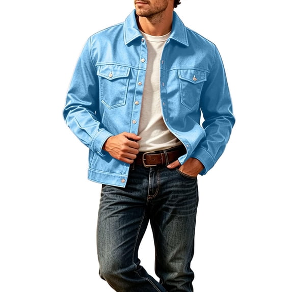 TKKCS Mens Trucker Jacket Long Sleeve Button Down Regular Fit Casual Outerwear Jackets with Multi Pockets Sky Blue L