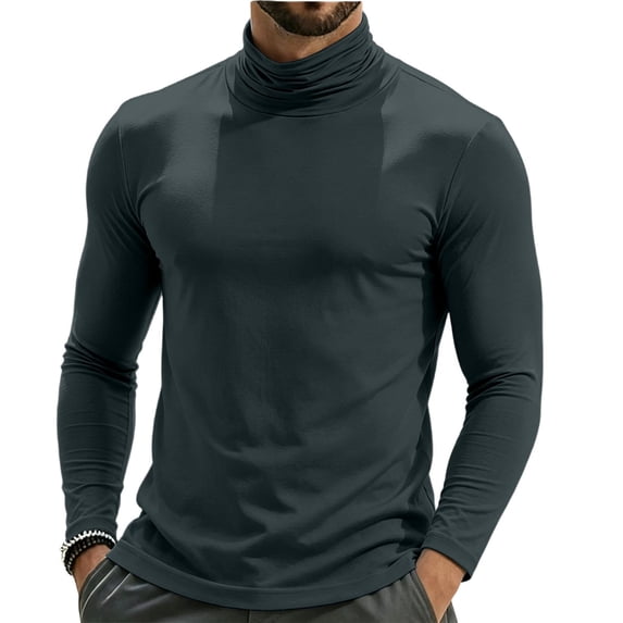 TKKCS Mens Turtleneck Long Sleeve Shirt Layering Casual Lounge Slim Fit Soft Cotton Pullover Top Dark Gray XL