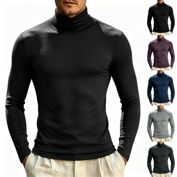 TKKCS Mens Turtleneck Long Sleeve Shirt Slim Fit Casual Lounge Soft Cotton Layering Pullover Top Black XL