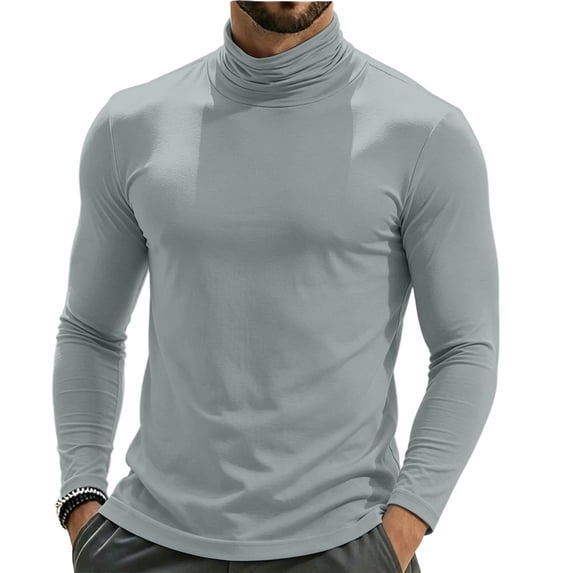 TKKCS Mens Turtleneck Long Sleeve Shirt Slim Fit Soft Cotton Layering Casual Lounge Pullover Top Gray M