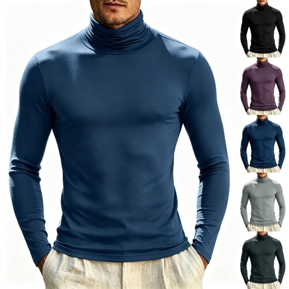 TKKCS Mens Turtleneck Long Sleeve Shirt Soft Cotton Layering Casual Lounge Slim Fit Pullover Top Blue L