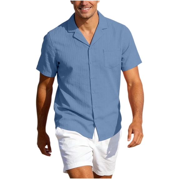 TKKCS Mens Tuxtured Button Down Shirts- Breathable Turndown Collar Casual Lightweight Short Sleeve Loose Fit Beach Vacation Shirts With Chest Pocket Blue Size S