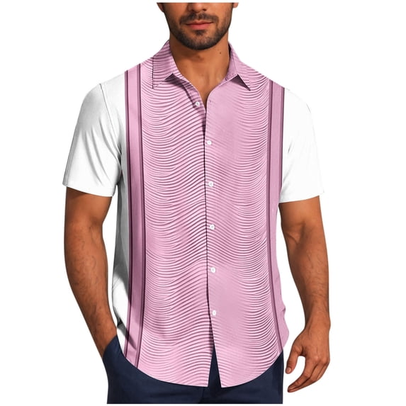 TKKCS Mens Vintage Bowling Shirts- Casual Lightweight Breathable Cuban Collar Beach Short Sleeve Vacation Button Down Shirts Pink Size 2XL