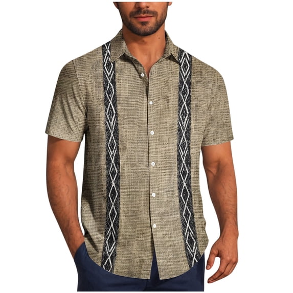 TKKCS Mens Vintage Bowling Shirts- Cuban Collar Lightweight Breathable Casual Short Sleeve Beach Vacation Button Down Shirts Khaki Size 3XL