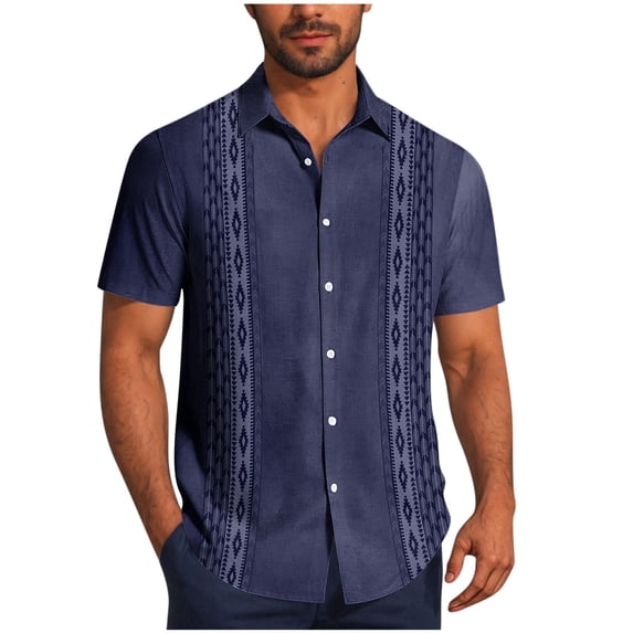 TKKCS Mens Vintage Bowling Shirts- Cuban Collar Vacation Short Sleeve Lightweight Casual Breathable Beach Button Down Shirts Navy Size M