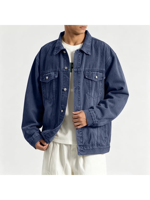 Mens Vintage Washed Denim Jacket Long Sleeve Loose Fit Casual Workwear Trucker Coat with Multi Pockets Dark Blue XL