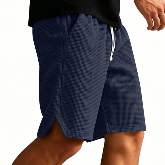 TKKCS Mens Waffle Knit Casual Shorts- Breathable Loose Fit Elastic Wasit Drawstring Split Hem Summer Daily Wear Lounge Shorts Navy Size L