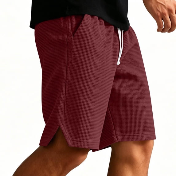 TKKCS Mens Waffle Knit Casual Shorts- Split Hem Breathable Elastic Wasit Drawstring Loose Fit Summer Daily Wear Lounge Shorts Red Size L