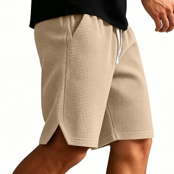 TKKCS Mens Waffle Knit Casual Shorts- Split Hem Breathable Elastic Wasit Drawstring Summer Daily Wear Loose Fit Lounge Shorts Khaki Size 2XL