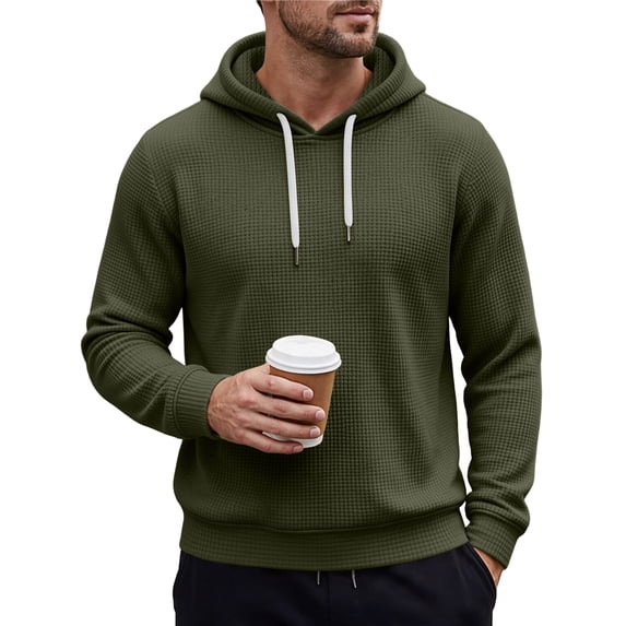 TKKCS Mens Waffle Knit Hoodie Drawstring Long Sleeve Regular Fit Pullover Casual Hooded Sweatshirt Army Green 2XL