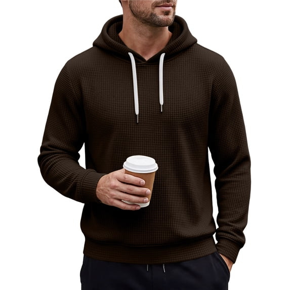 TKKCS Mens Waffle Knit Hoodie Drawstring Pullover Regular Fit Long Sleeve Casual Hooded Sweatshirt Brown XL