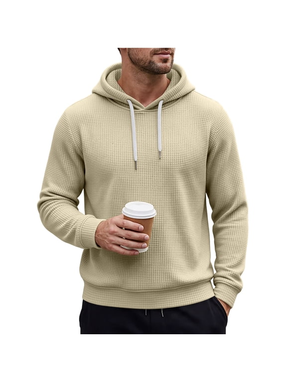Mens Waffle Knit Hoodie Long Sleeve Drawstring Pullover Regular Fit Casual Hooded Sweatshirt Beige L