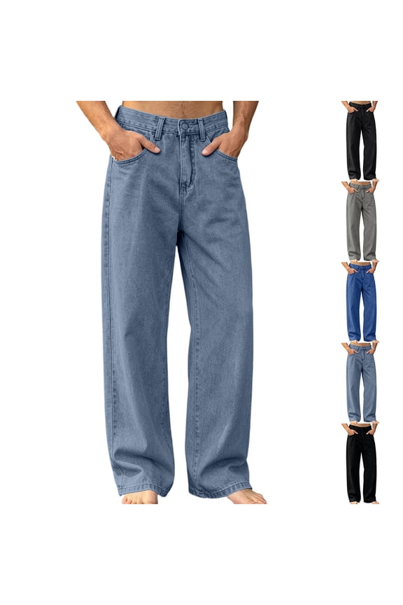 Mens Washed Straight Leg Jeans- Relaxed Fit Casual Zip Button Fly Wide Leg Denim Pants Sky Blue Size XL