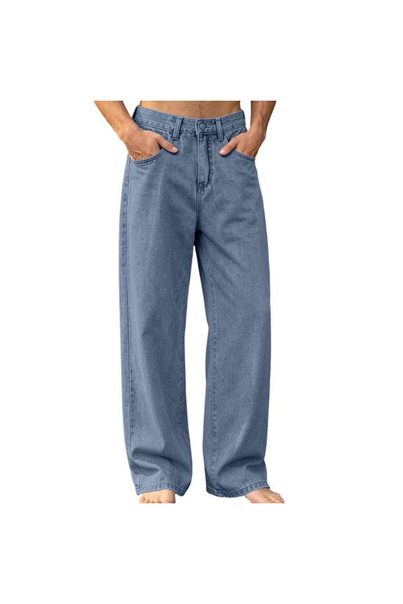 Mens Washed Straight Leg Jeans- Zip Button Fly Relaxed Fit Wide Leg Casual Denim Pants Sky Blue Size 3XL