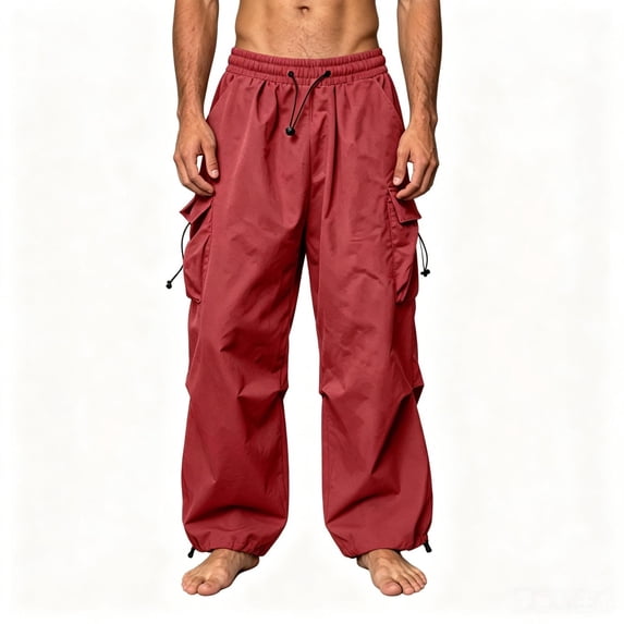 TKKCS Mens Wide Leg Cargo Pants- Adjustable Hem Casual Outdoor Loose Fit Drawstring Elastic Waist Breathable Parachute Pants with Multi Pockets Red Size S