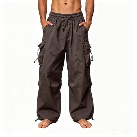 TKKCS Mens Wide Leg Cargo Pants- Adjustable Hem Loose Fit Breathable Casual Outdoor Drawstring Elastic Waist Parachute Pants with Multi Pockets Brown Size XL
