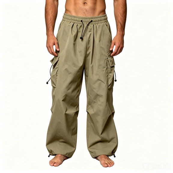 TKKCS Mens Wide Leg Cargo Pants- Loose Fit Breathable Drawstring Elastic Waist Adjustable Hem Casual Outdoor Parachute Pants with Multi Pockets Khaki Size L