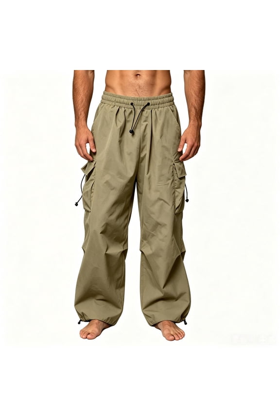 Mens Wide Leg Cargo Pants- Loose Fit Breathable Drawstring Elastic Waist Adjustable Hem Casual Outdoor Parachute Pants with Multi Pockets Khaki Size L