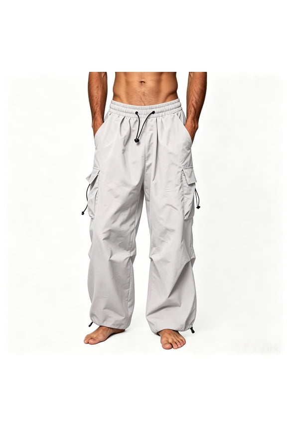 Mens Wide Leg Cargo Pants- Loose Fit Casual Outdoor Breathable Adjustable Hem Drawstring Elastic Waist Parachute Pants with Multi Pockets Gray Size XL