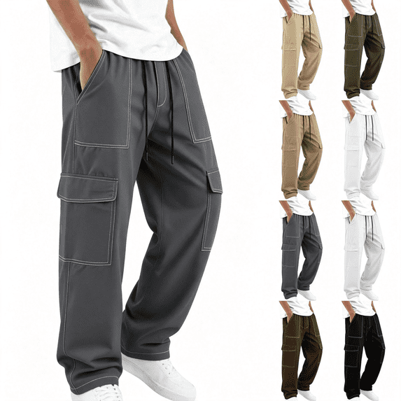 TKKCS Mens Wide Leg Cargo Pants Workwear Contrast Stitch Elastic Drawstring Waist Loose Fit Outdoor Casual Pants with Multi Pockets Dark Gray M