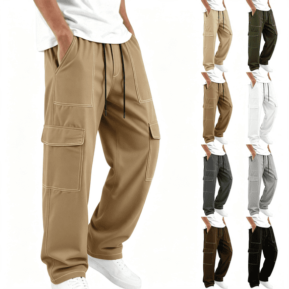 TKKCS Mens Wide Leg Cargo Pants Workwear Contrast Stitch Elastic Drawstring Waist Loose Fit Outdoor Casual Pants with Multi Pockets Khaki XL