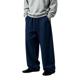 TKKCS Mens Wide Leg Sweatpants- Elastic Drawstring Waist Casual Lounge Soft Knit Loose Fit Straight Pants with Pockets Navy Size XL
