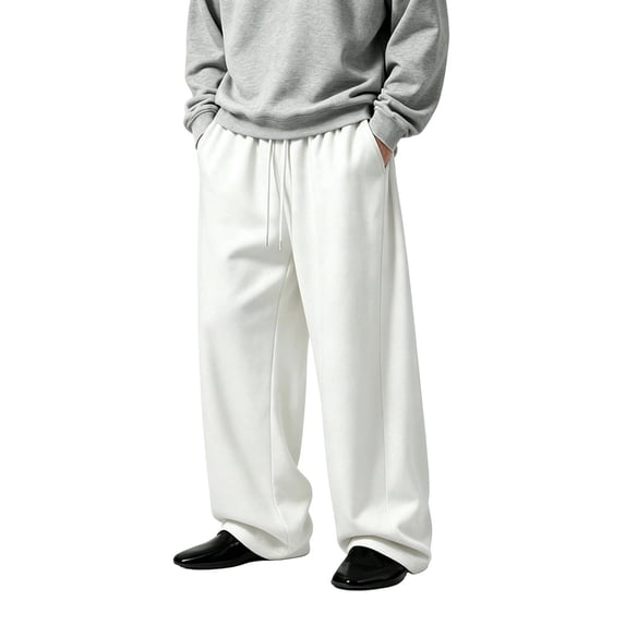 TKKCS Mens Wide Leg Sweatpants- Elastic Drawstring Waist Soft Knit Casual Lounge Loose Fit Straight Pants with Pockets White Size XL