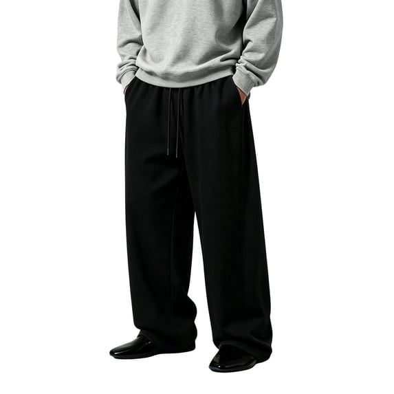 TKKCS Mens Wide Leg Sweatpants- Elastic Drawstring Waist Soft Knit Loose Fit Casual Lounge Straight Pants with Pockets Black Size 2XL