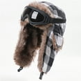 thumbnail image 1 of TKKCS Unisex Winter Plaid Trapper Hat with Matching Goggles Ear Flaps Faux Fur Warm Windproof Ski Hat Gray Free Size, 1 of 6