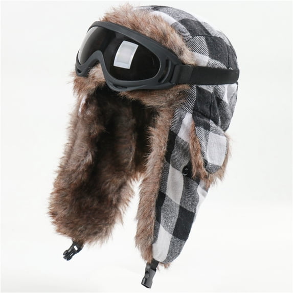 TKKCS Unisex Winter Plaid Trapper Hat with Matching Goggles Ear Flaps Faux Fur Warm Windproof Ski Hat Gray Free Size